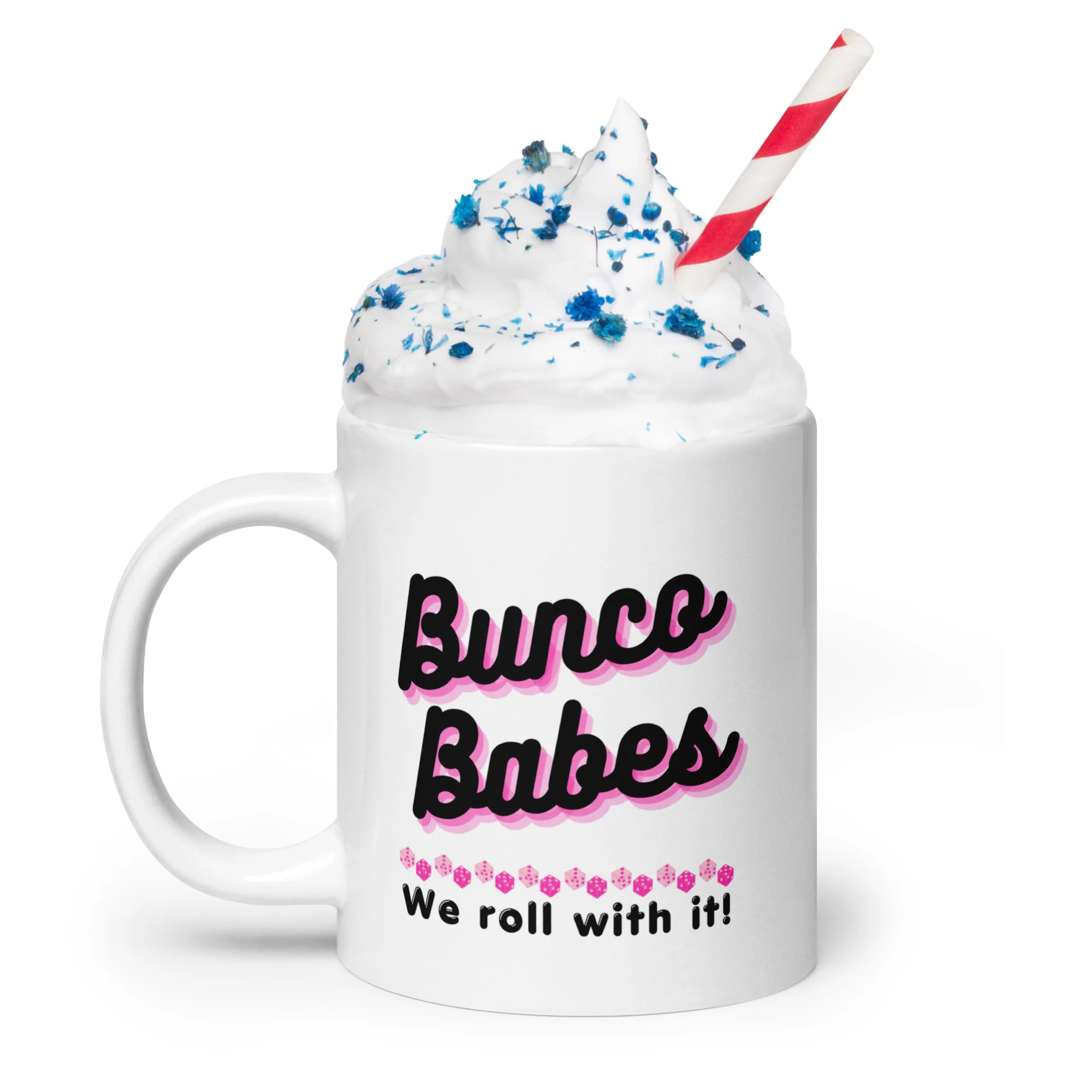 Bunco Babes: We roll with it! White Glossy Mug - Image 6